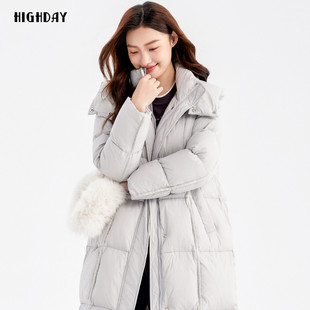 轩日24冬季商场新款保暖女装休闲中长款白鸭绒外套chic连帽羽绒服