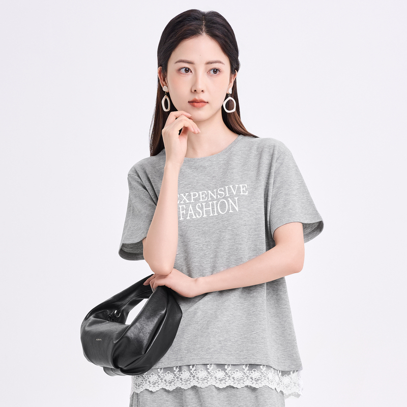 HIGH DAY/轩日短袖T恤2025夏季新款蕾丝拼接通勤圆领印花上衣女