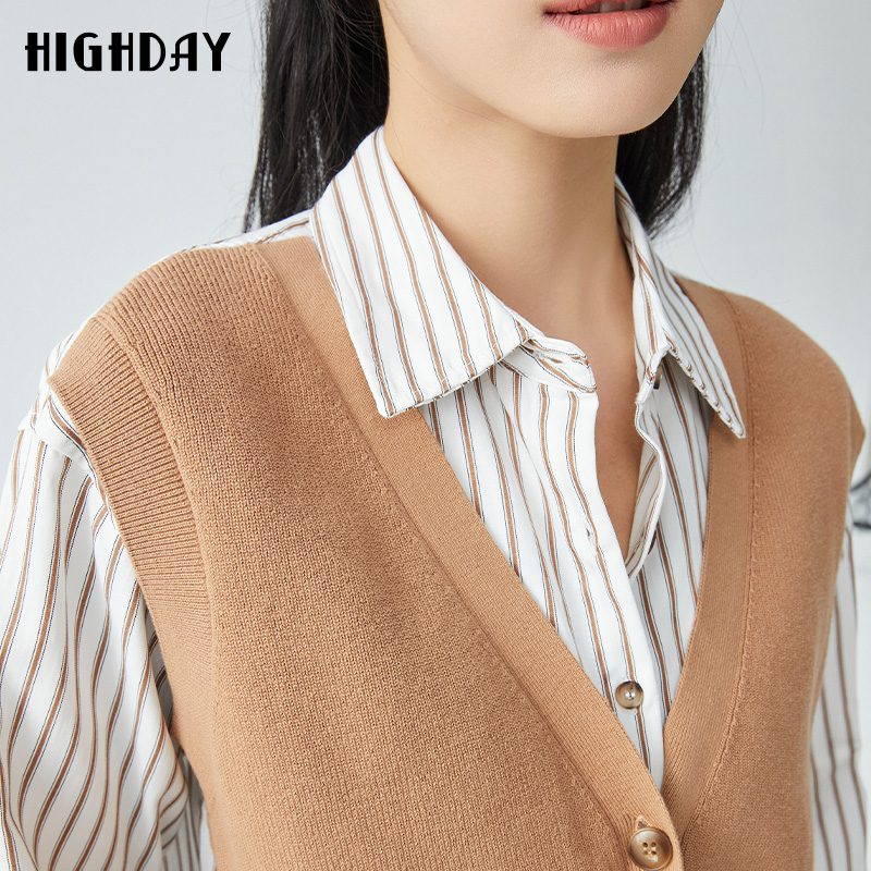 highday轩日2025春秋新款假两件上衣女长袖宽松休闲复古条纹衬衫