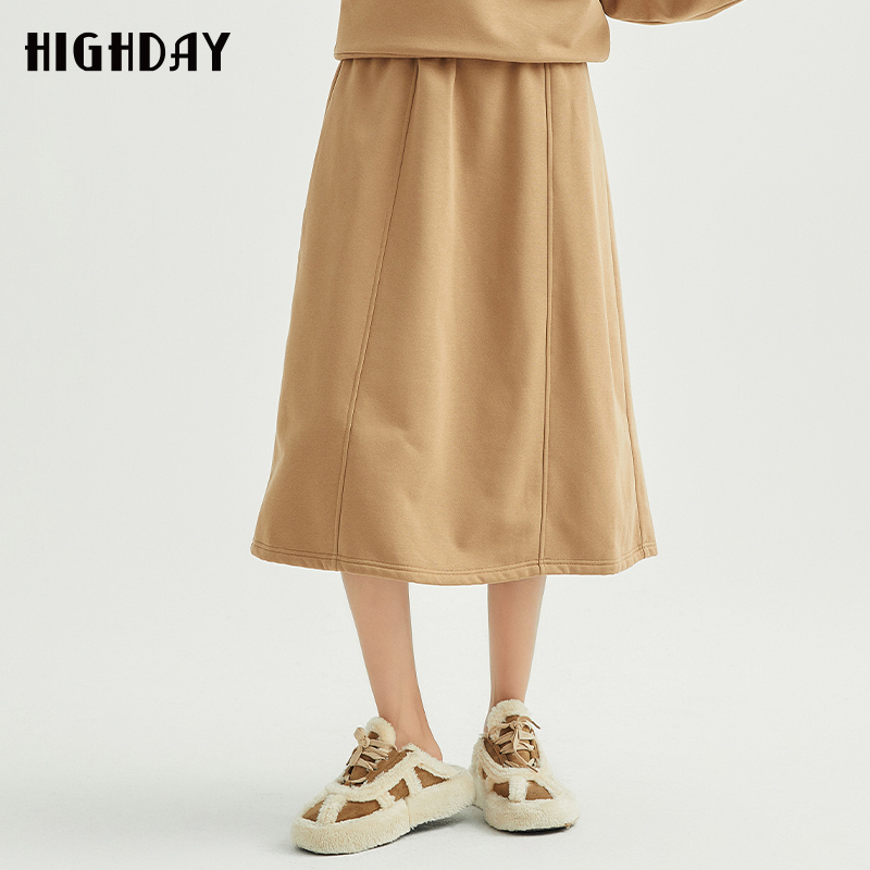 highday轩日冬季高腰运动半身裙女纯色a字裙休闲中长裙过膝裙chic