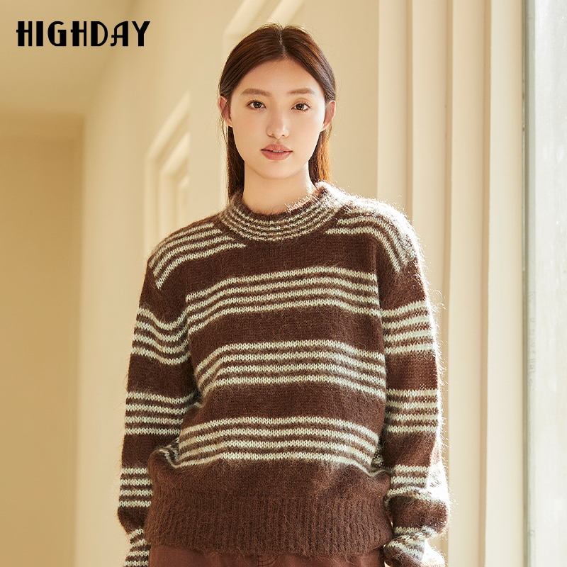 highday轩日商场圆领毛衣女冬季复古撞色条纹落肩长袖针织毛衫ins