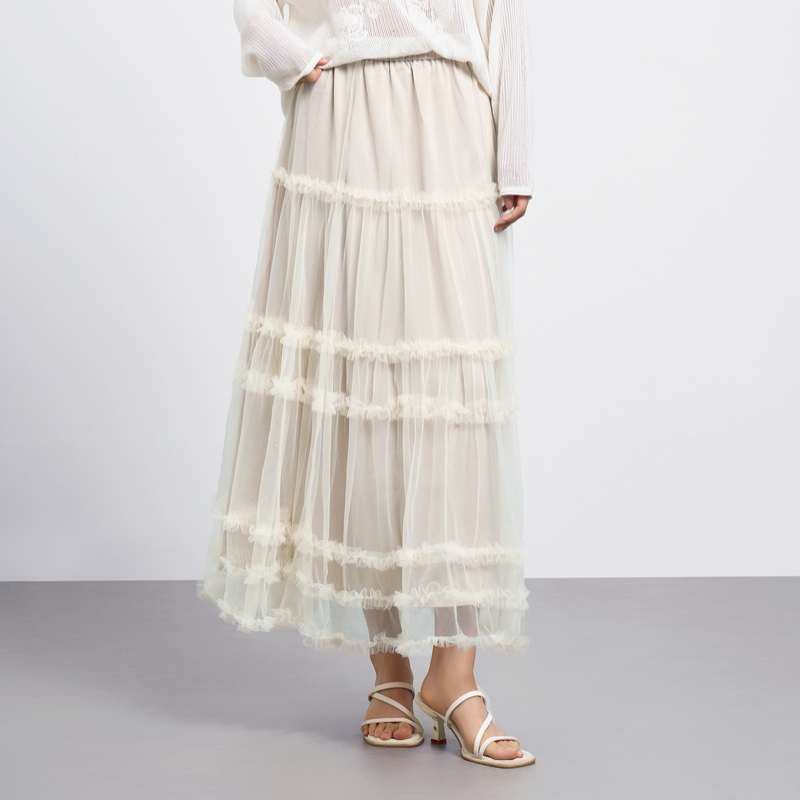 HIGH DAY/轩日网纱半身裙2025早秋新品蕾丝A字拼接高腰长裙子女