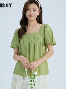 highday轩日24夏季新款方领法式宽松方口领上衣女休闲娃娃衫衬衣
