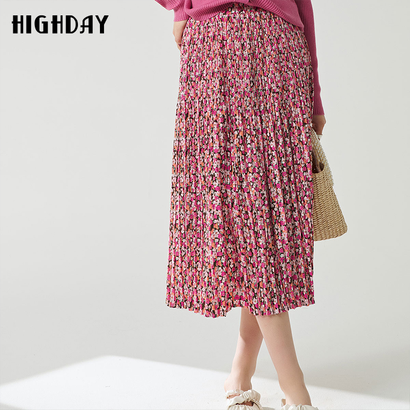 highday轩日2025春秋新款高腰半身裙女碎花过膝褶皱裙QZ01AE31072