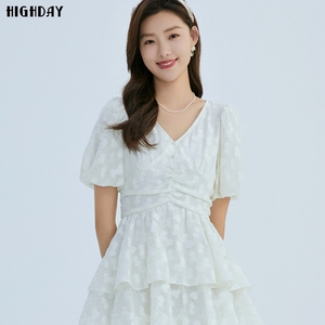 highday轩日2026夏季新款短袖蛋糕裙女商场V领千金风连衣裙短裙潮