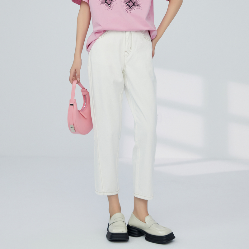 鲁思蒂白色九分牛仔裤女2025新款夏季小个子高腰显瘦休闲直筒裤子