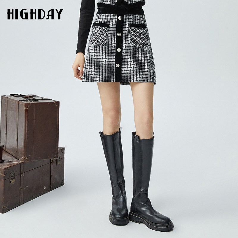 highday轩日2023冬季新款a字高腰半身裙女韩版小众纽扣装饰短裙潮