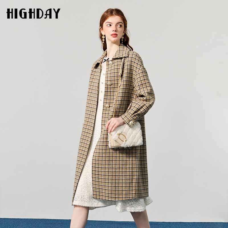 highday轩日2022冬季新款格子森系中长款双面呢大衣女NY11AE29860
