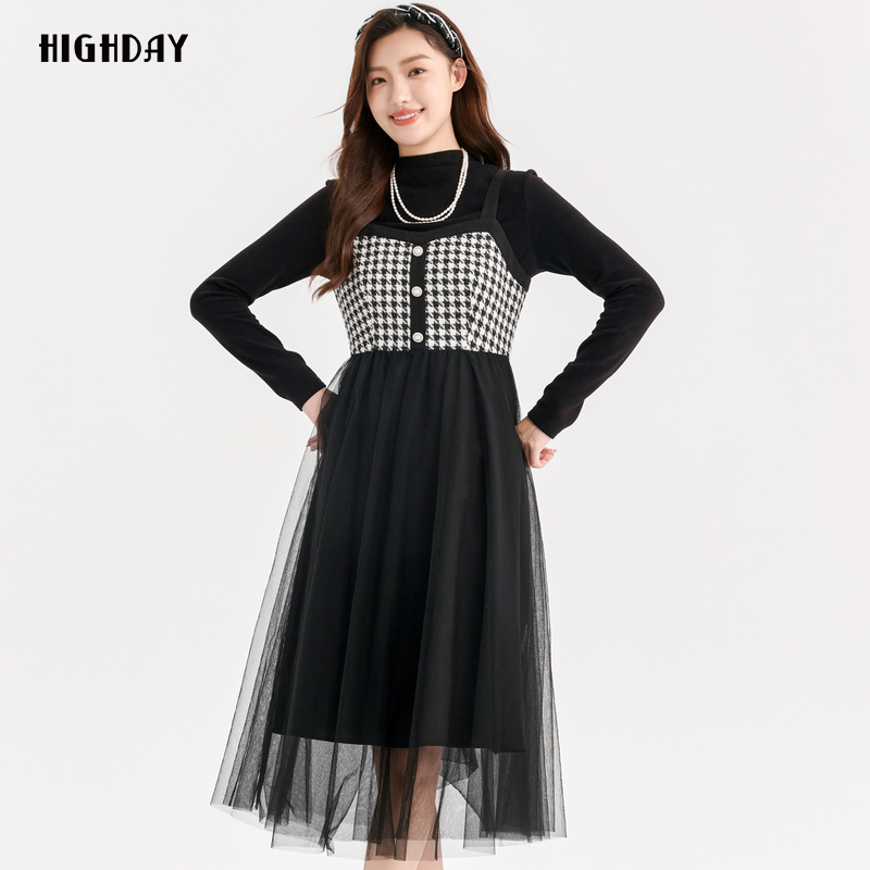 highday轩日24冬季新款小香风背带裙女商场拼接网纱裙无袖连衣裙