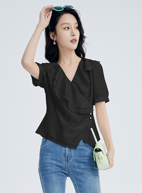 鲁思蒂黑色短袖V领衬衫2026新款女夏季设计感小众不规则开衫上衣