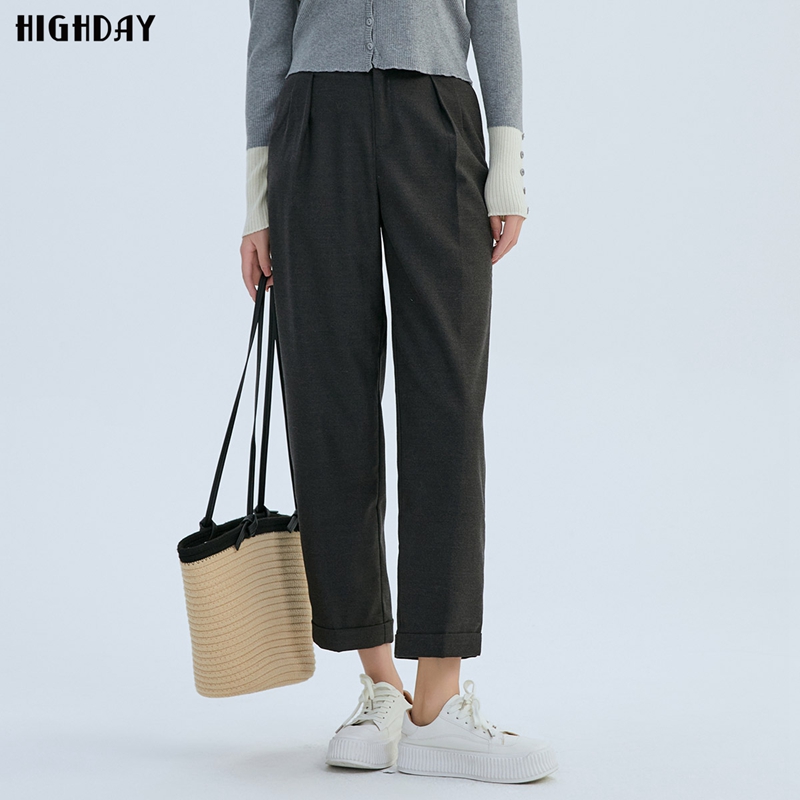 highday轩日2024冬季新款高腰休闲裤女简约直筒裤气质九分长裤子