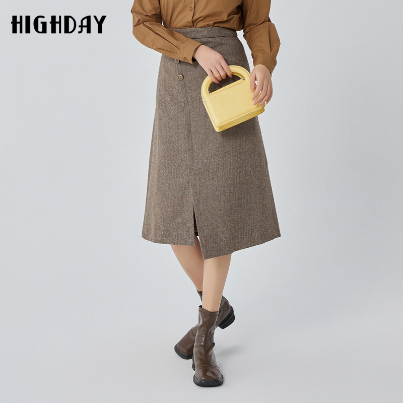 highday轩日24春季新款高腰半身裙女洋气过膝开叉中长裙气质a字裙