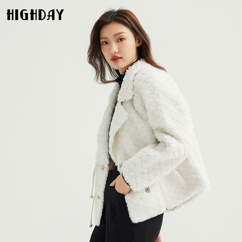 highday轩日2023冬季新款毛茸茸西装领外套女长袖气质白色大衣ins