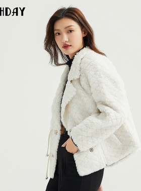 highday轩日2023冬季新款毛茸茸西装领外套女长袖气质白色大衣ins