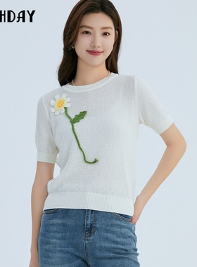 highday轩日24夏装圆领薄款针织毛衫女套头立体花朵微透短袖上衣