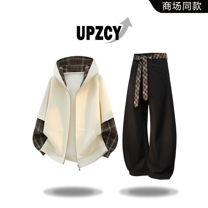 UPZCY美式复古格纹拼接连帽卫衣男士秋季宽松痞帅休闲男装两件套