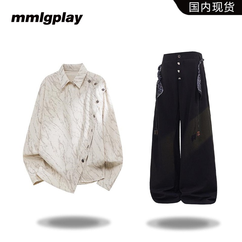 mmlgplay潮流痞帅晕染长袖衬衫男夏季美式休闲时尚个性设计感套装