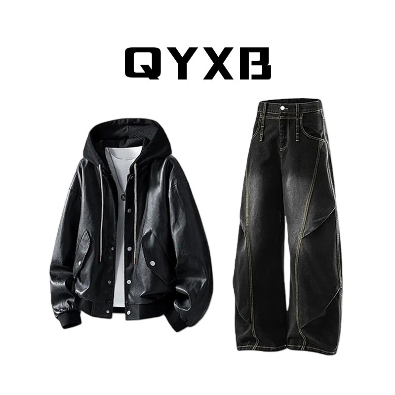 【品牌现货】QYXB美式机车风复古皮衣夹克男外套加绒保暖牛仔裤套