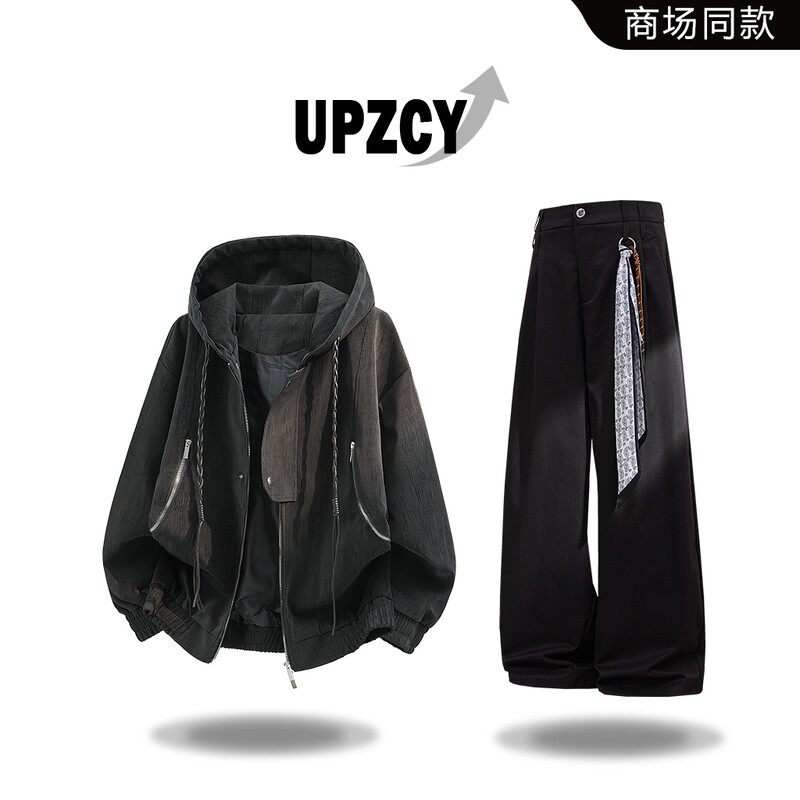 UPZCY美式复古连帽夹克套装男秋季宽松痞帅休闲百搭潮流工装外套