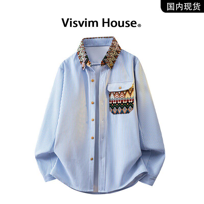 品牌现货撤柜】VISVIM HOUSE春季新款条纹绣花潮流长袖衬衫男士