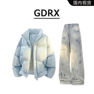 GDRX美式高级感棉衣套装男款2026春季新款休闲宽松牛仔裤子两件套