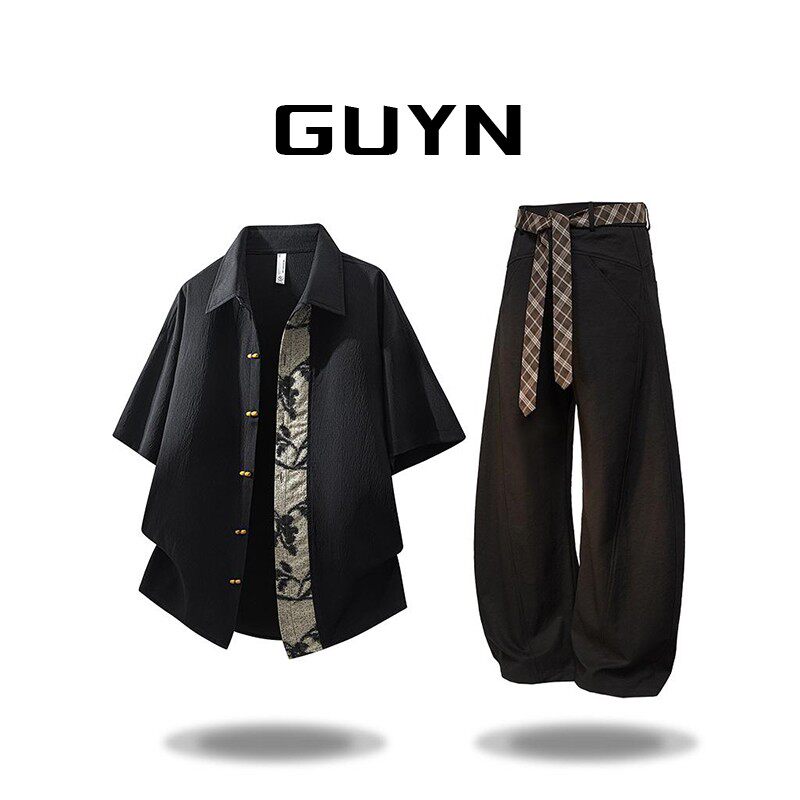 GUYN新中式短袖衬衫套装男士夏季薄款2026新款复古休闲长裤两件套