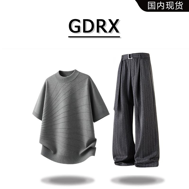 GDRX夏季薄款老钱风短袖t恤套装美式韩版针织衫透气条纹休闲西裤