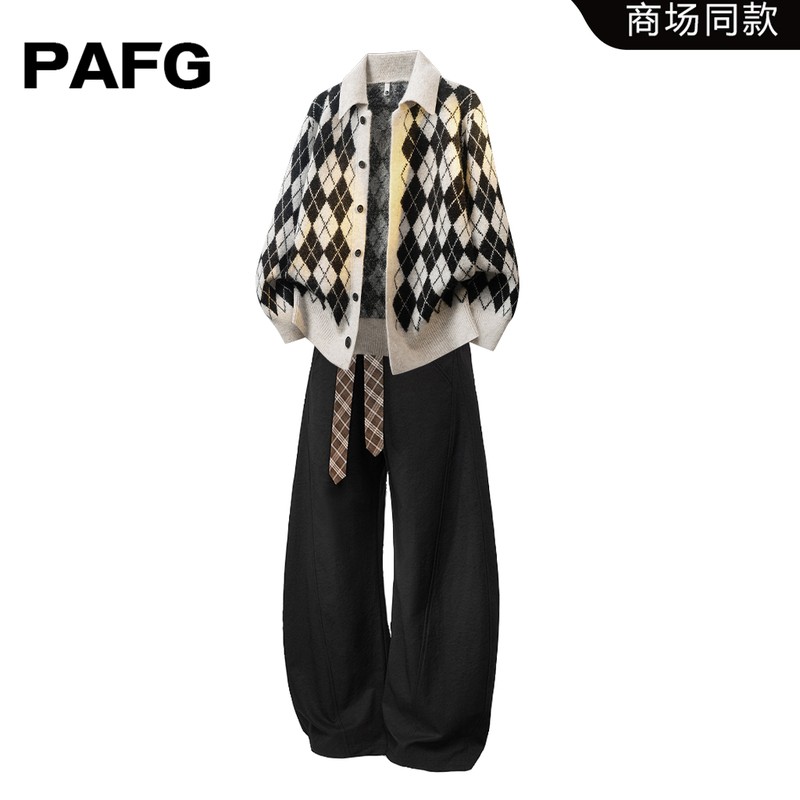 PAFG美式潮流休闲格纹开衫毛衣男秋冬季慵懒风百搭时尚设计感套装