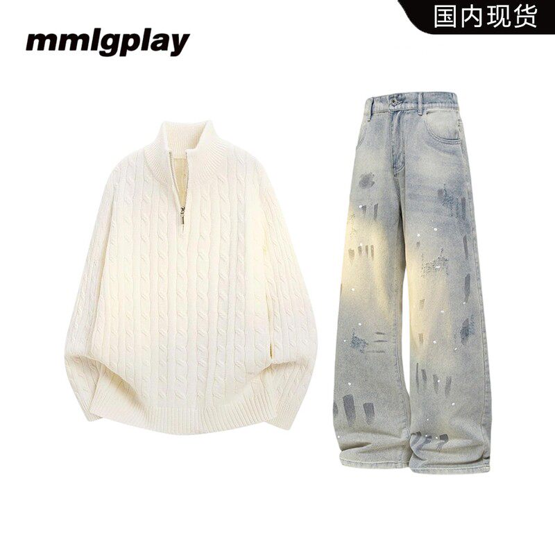 mmlgplay美式休闲毛衣男套装春秋季新款时尚宽松复古高级感两件套
