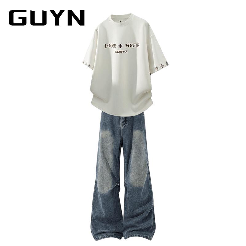 GUYN美式复古刺绣潮流短袖T恤男士夏季休闲牛仔裤子高级感男装