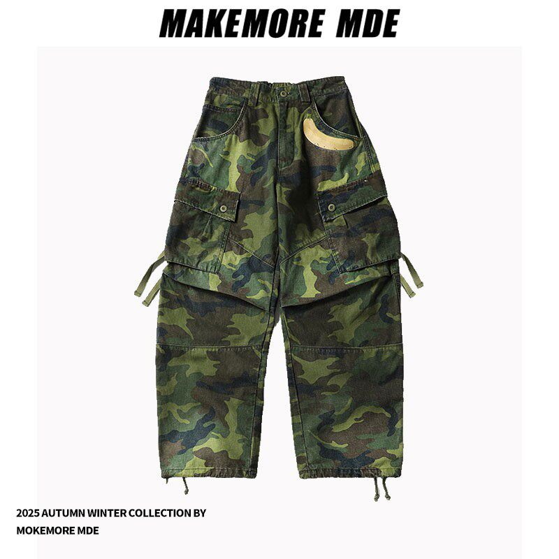 Makemore迷彩工装休闲长裤男士春秋季美式复古宽松直筒多口袋纯棉