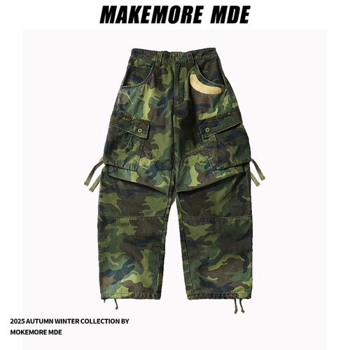 Makemore迷彩工装休闲长裤男士春秋季美式复古宽松直筒多口袋纯棉