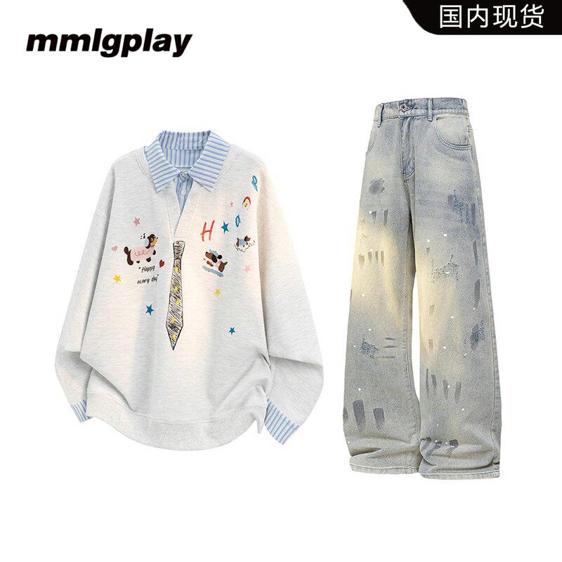 mmlgplay美潮涂鸦印花假两件卫衣男秋季新款时尚休闲设计感两件套