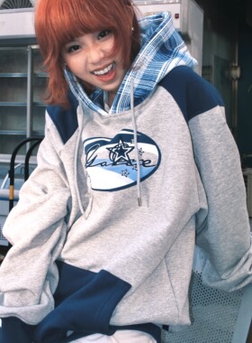 Game One 25FW 连帽格纹拼布卫衣男女春季情侣长袖灰色上衣外套潮