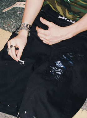 GameOne 25SS 重磅牛仔猫抓贴布铆钉短裤美式hiphop朋克滑板bboy