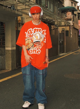 GameOne 22SS脏汉堡 美式重磅发泡印花短袖嘻哈滑板宽松bboy大码