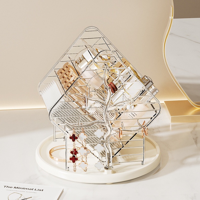 旋转化妆品收纳盒桌面高级感口红整理盒梳妆台护肤品化妆刷置物架