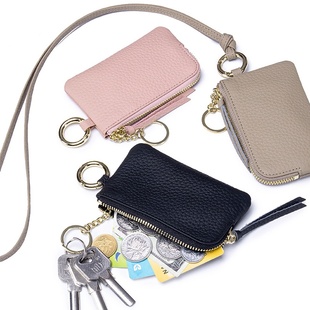 小众设计挂脖零钱包头层牛皮便携收纳硬币包带钥匙圈软皮迷你
