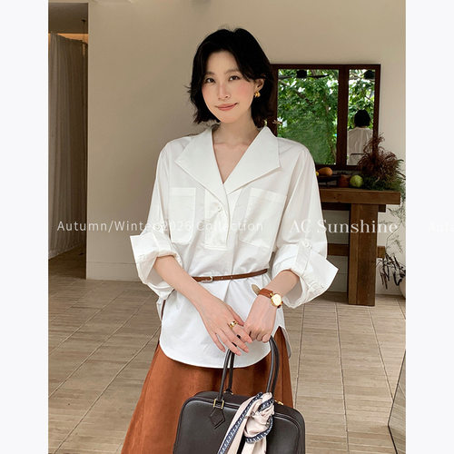 A高密纯棉松弛感剪裁休闲通勤多场合翻领衬衫女秋19896