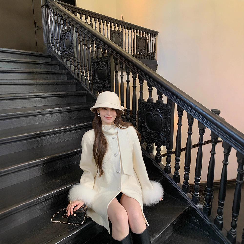 双面羊绒大衣女千金风2025冬韩系名媛气质毛毛袖赫本100%羊毛大衣