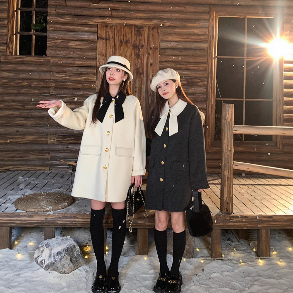 大蝴蝶结撞色双面手工呢大衣2025秋冬新款中长款双面羊毛呢子外套