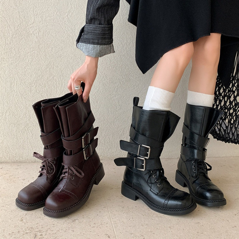 英伦风系带皮带扣粗跟马丁靴女2025新款时尚中筒百搭棕色短靴子