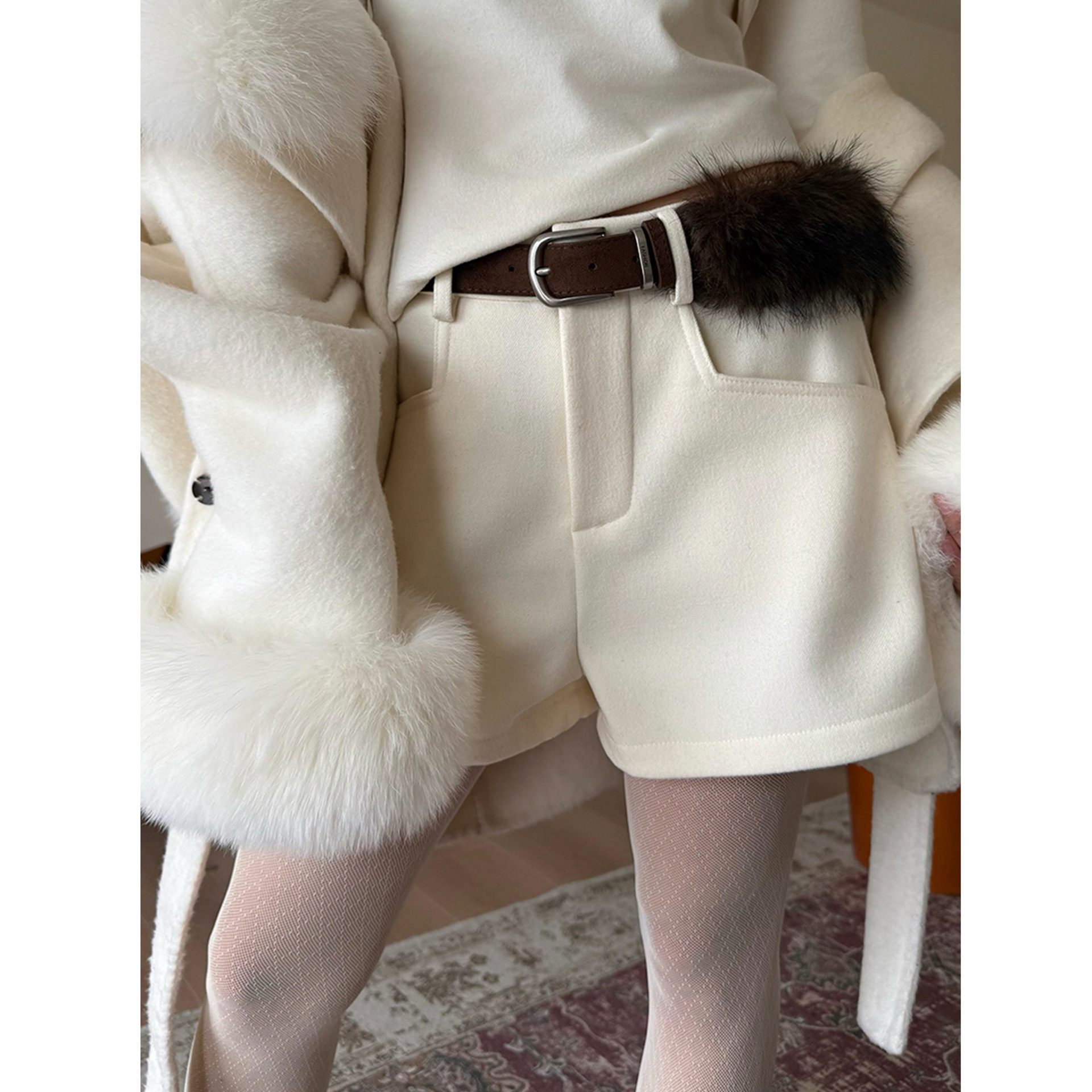 ID高级感新款a字型短裤十三行配复古腰带千金感毛呢休闲裤女