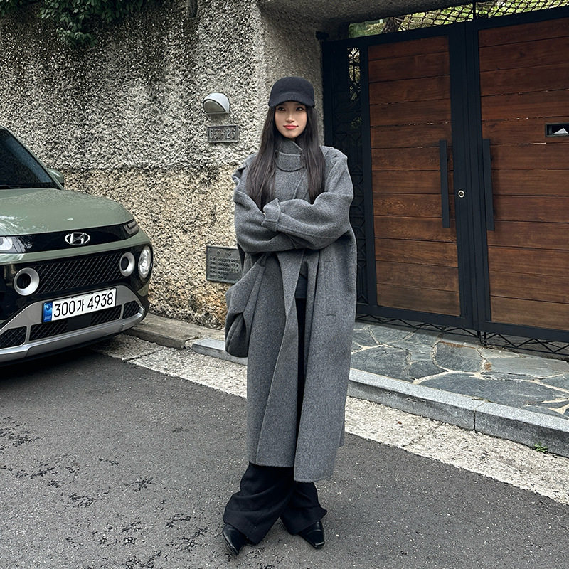 ELSISSI立领双面羊绒大衣加长款带包包2025秋冬季羊毛毛呢外套女