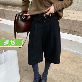 le rouge周美美 雅痞绅士黑色双层腰头设计羊毛呢时髦中裤