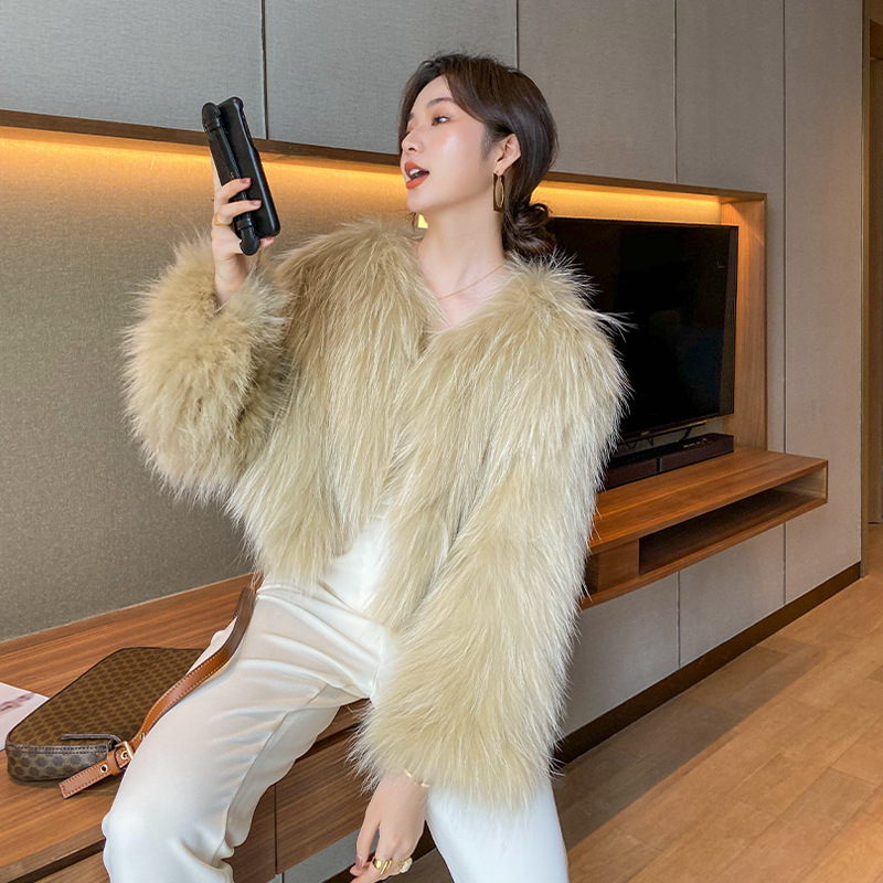 派对C位翘楚 貉子毛编织皮草外套女短款不规则狐狸毛裘皮大衣