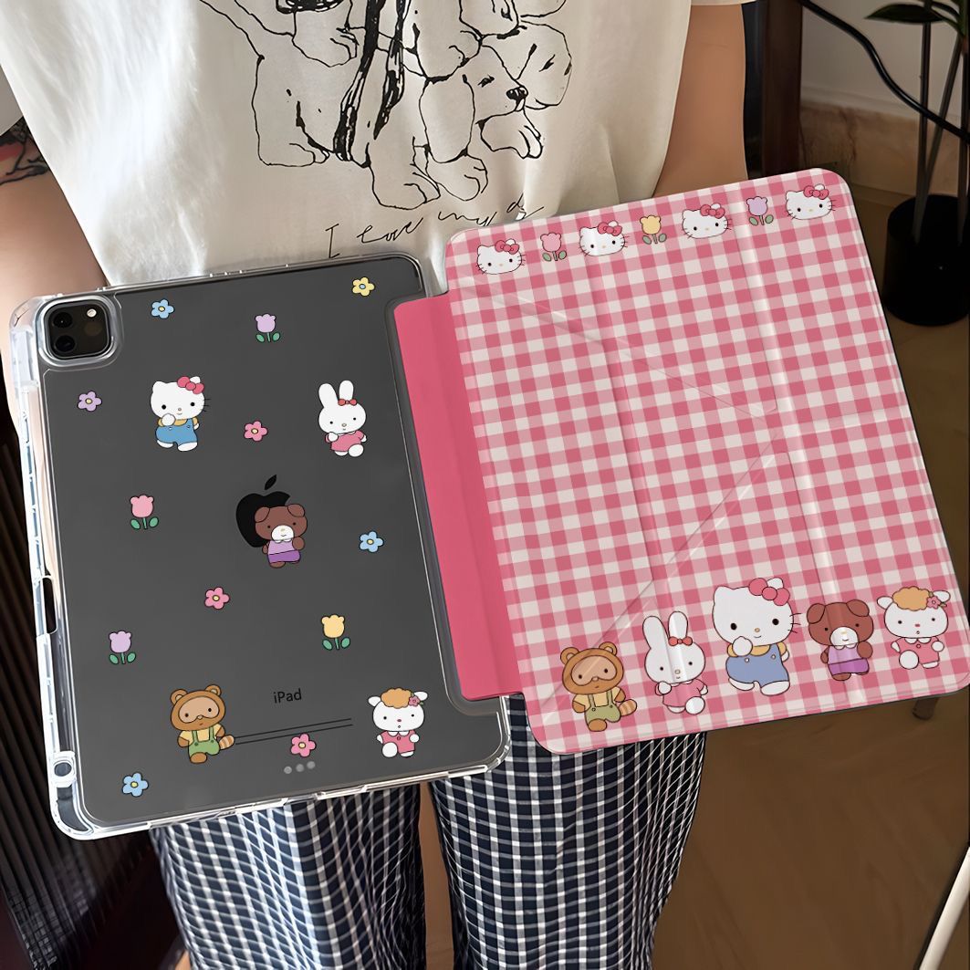 卡通格纹kt猫适用苹果iPad11代A16保护套iPad11寸亚克力平板壳3Y折防弯带笔槽iPadpro平板保护套iPad7/8/9代