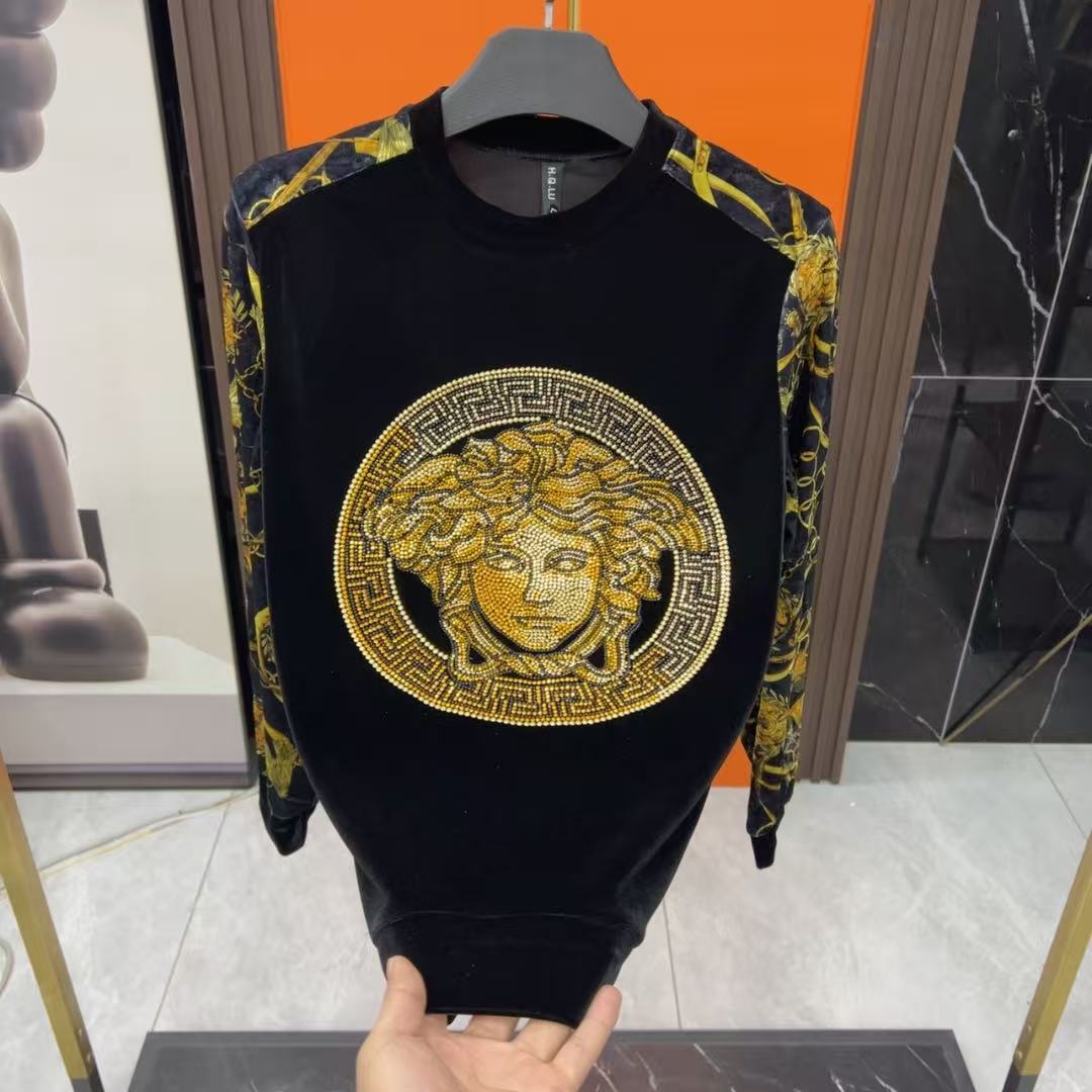欧货烫钻2025秋冬新款时尚轻奢帅气潮牌金丝绒卫衣美人头男士T恤