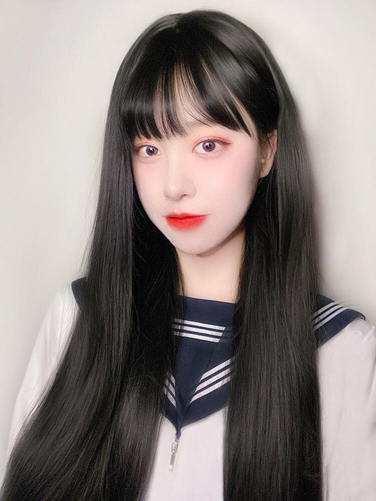 假发女自然全头套长发网红黑长直发新款空气刘海中发圆脸秋冬2021