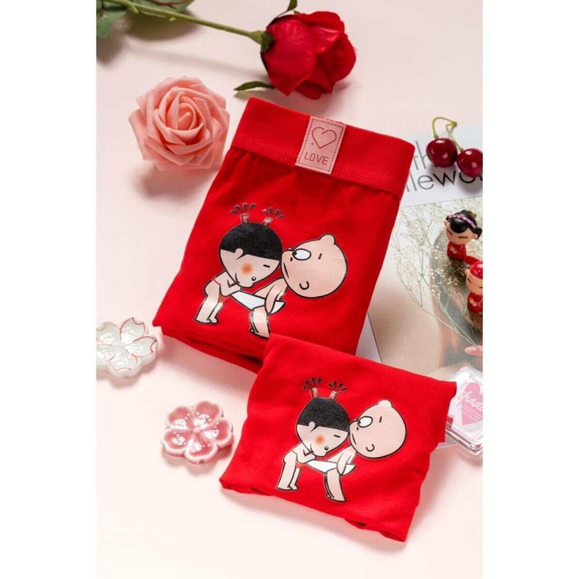 红色喜庆结婚可爱卡通新娘新郎一对套装情侣印花内裤一男一女纯棉